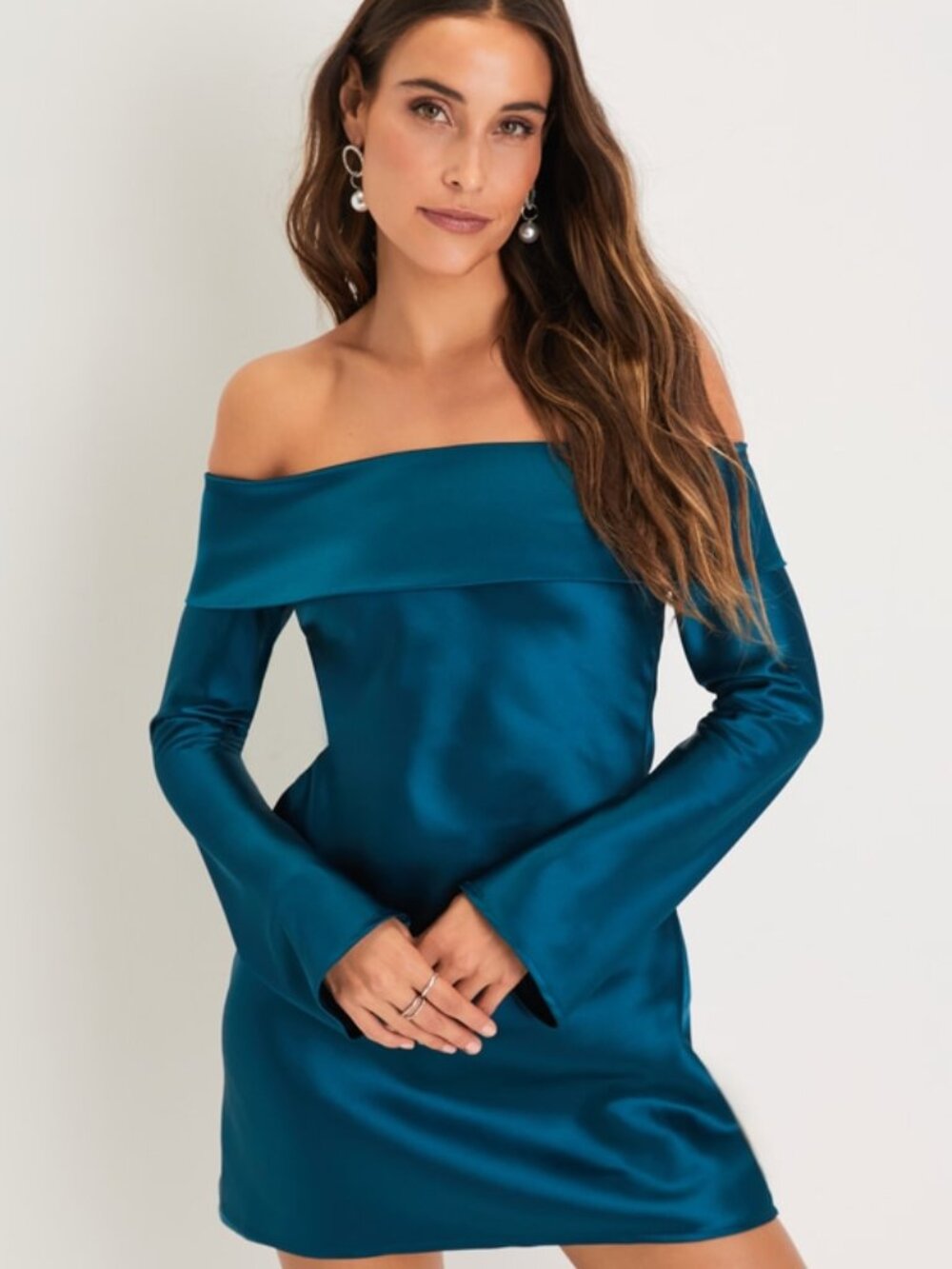 Lulus Luxurious Vision Teal Satin Off-the-shoulder Mini Dress Green - Size XXL